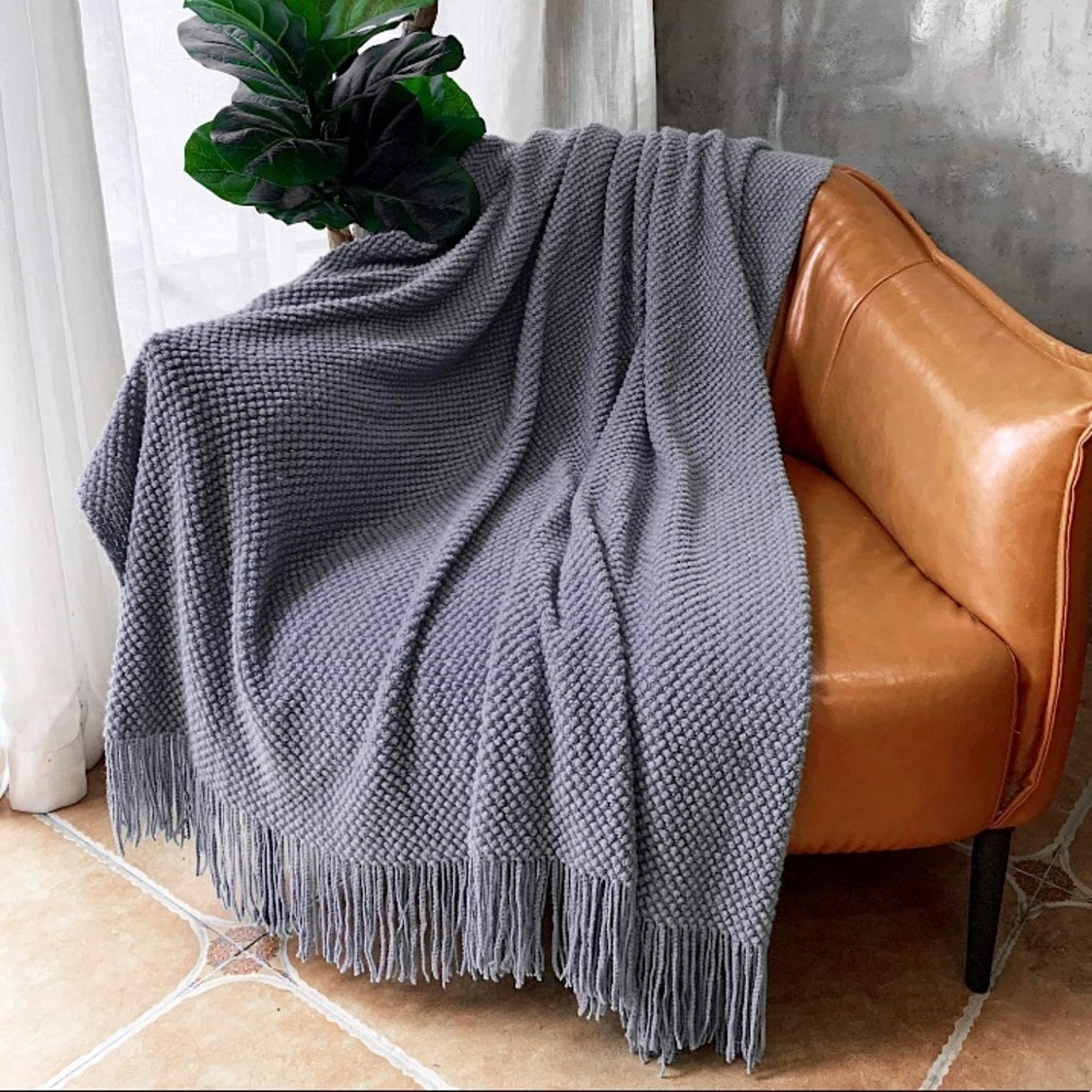 Grey Chic Minimalist Farmhouse Boho Throw Fringe Blanket for Patio/Living Room